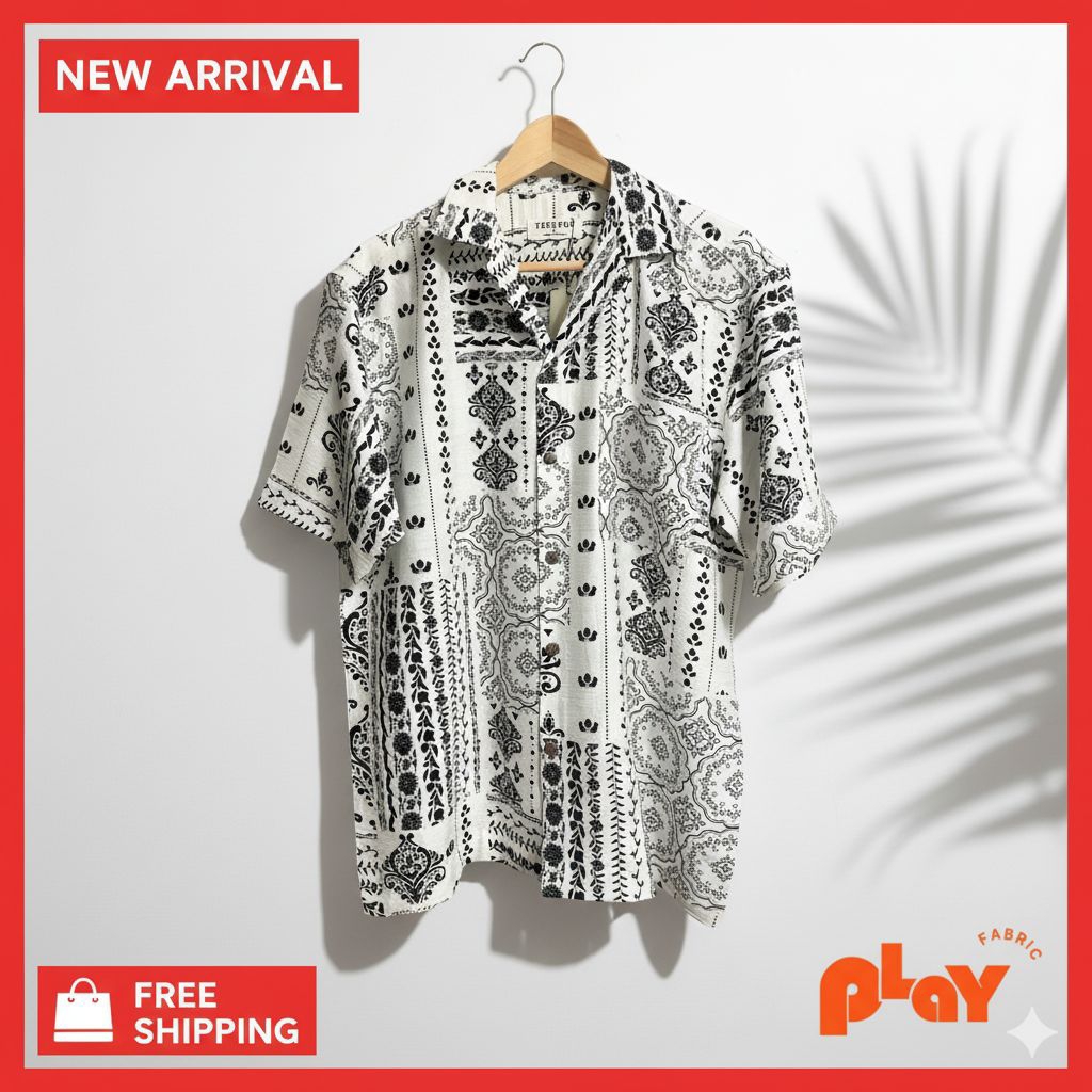 เสื้อฮาวาย ผ้าไหมฝรั่งเศส ลายดอกไม้ดำ Stripe and Bloom ใส่สบาย ระบายอากาศดี