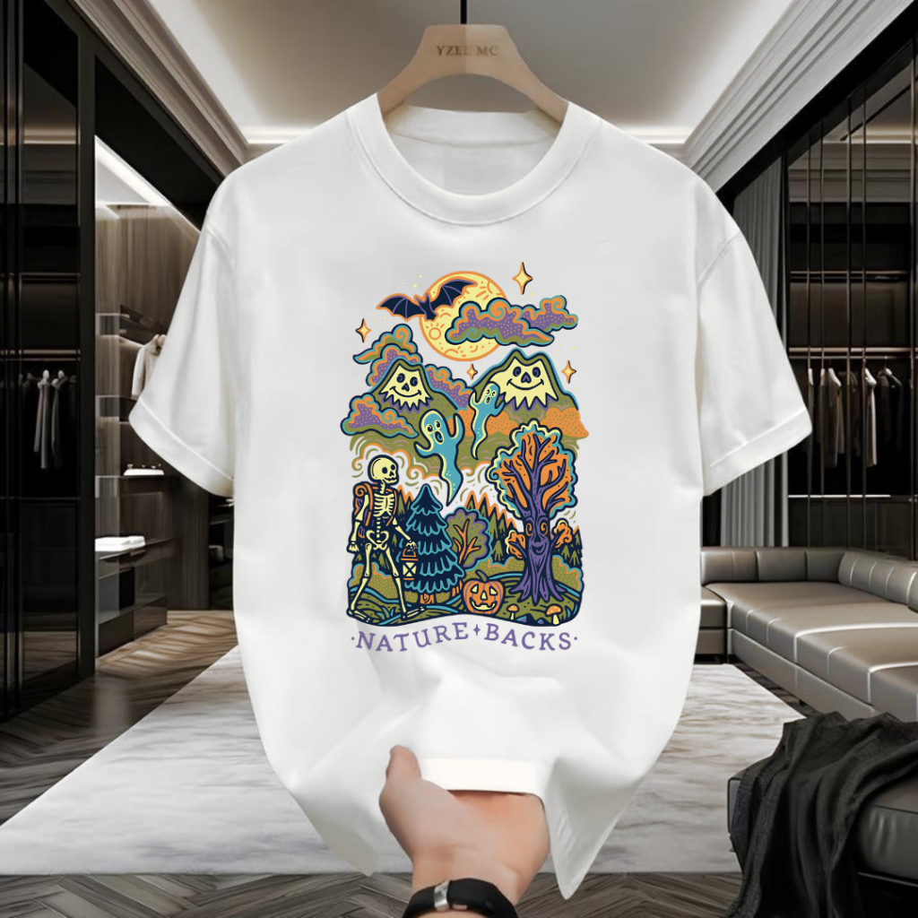 เสื้อยืด แขนสั้น คอกลม สกรีนลวดลายต้อนรับวันฮาโลวีน เสื้อยืดผู้หญิง เสื้อแฟชั่น เสื้อสตรีท เสื้อผ้าน