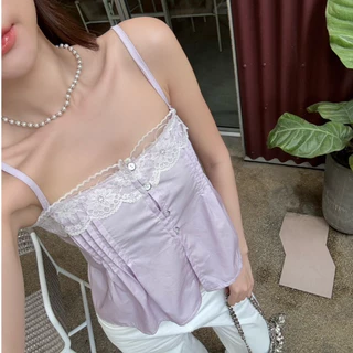 Mia cami : เสื้อครอปสายเดี่ยว เย็บตีเกล็ดหน้า แต่งลูกไม้ซีทรู สายปรับได้ KN.Clothes
