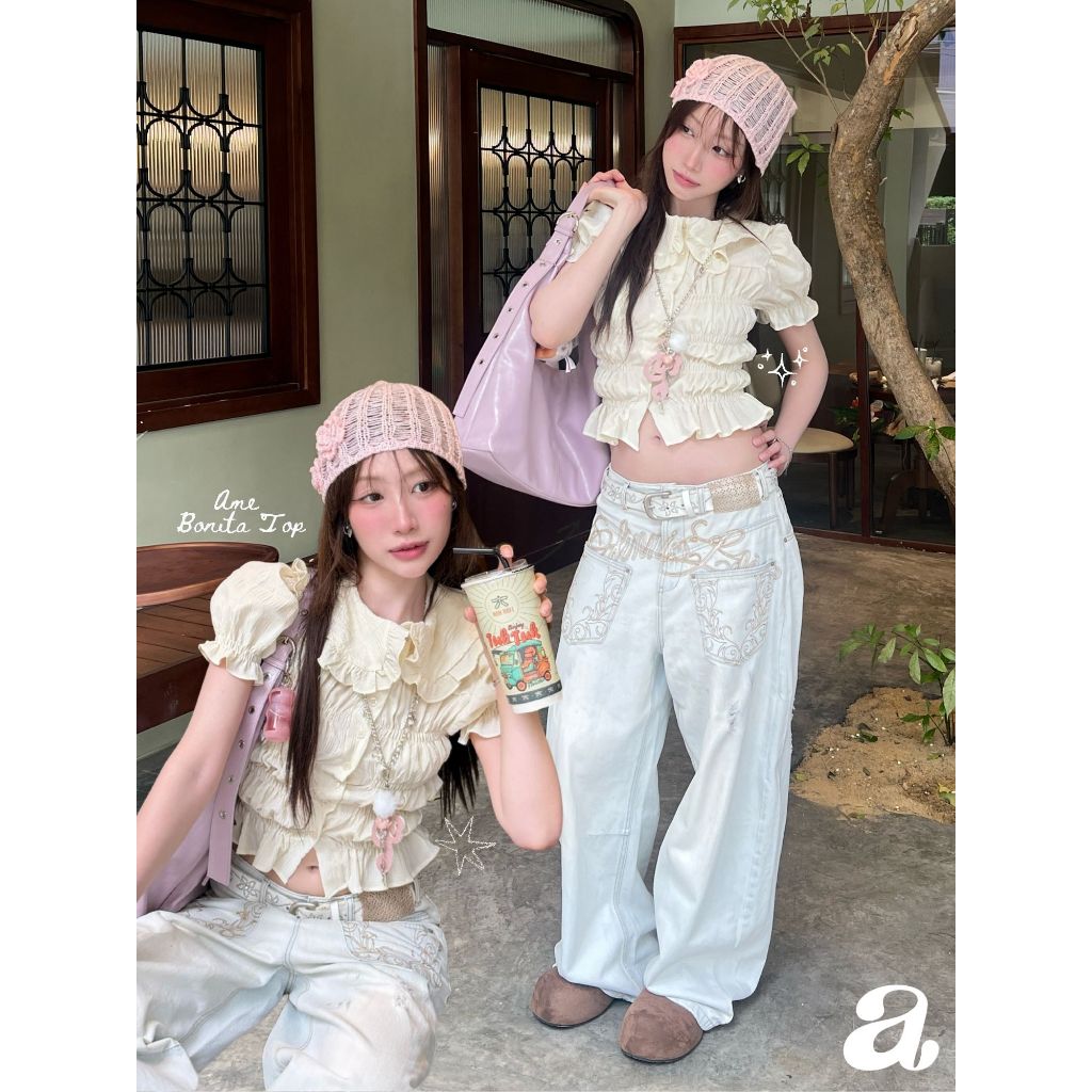 Ame.co.th | Ame Bonita peter pan collar top | เสื้อแขนตุ๊กตา คอบัว ดีเทลเย็บสม็อค