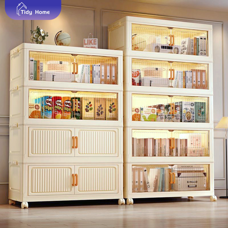 Tidy ตู้เก็บของแบบฝาพับเวอร์ชันใหม่ การผสมสี ตู้เสื้อผ้าขนาดใหญ่ มีล้อ เปิดได้ทั้งสองด้าน ป้องกันฝุ่น ประหยัดพื้นที่
