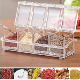 [พร้อมส่ง] กระปุกเครื่องปรุง 4 ช่องพร้อมฐานและช้อนกล่องอะคริลิคใสภาชนะปรุงรสในครัวเรือนเกลือกล่องเครื่องปรุงรสใส