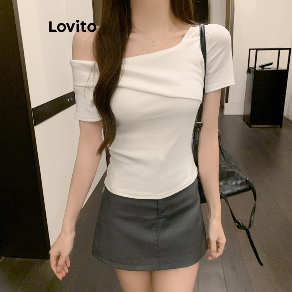 Lovito เสื้อยืดผู้หญิง เปิดไหล่ สีขาว