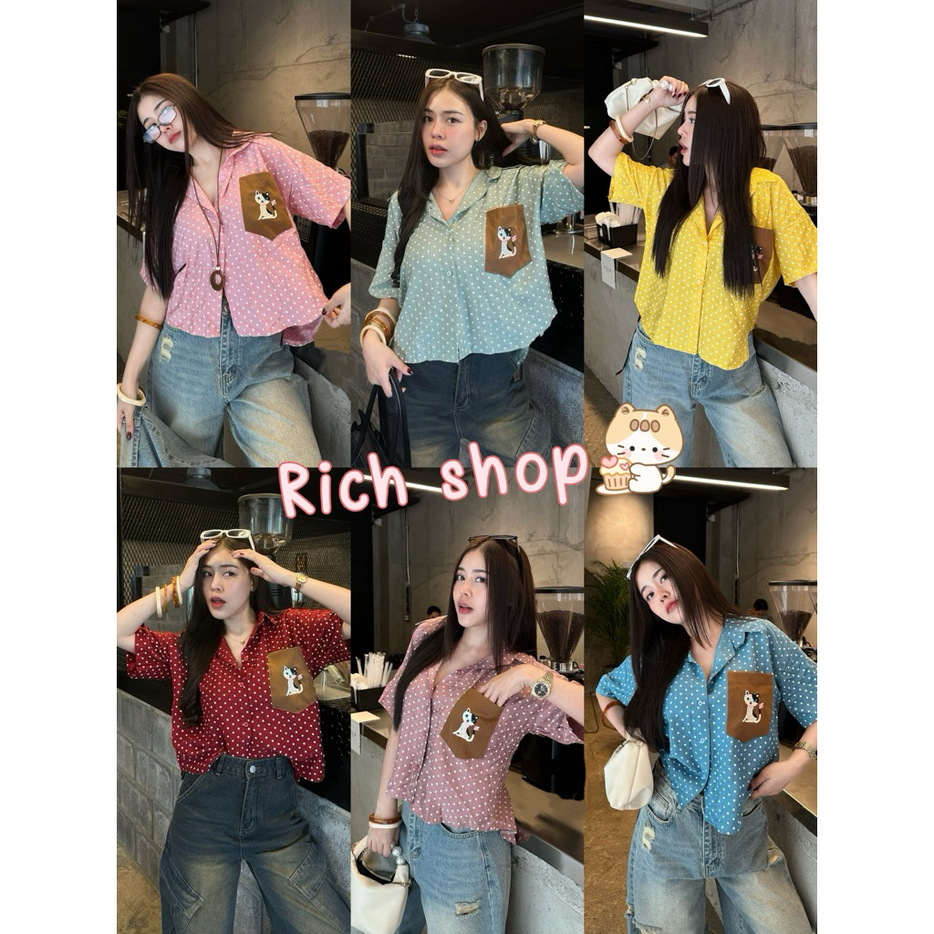 เสื้อเชิ้ตแขนสั้น ลายจุด ปักกระเป๋าน้องแมว“ (ผ้า สลาฟ)