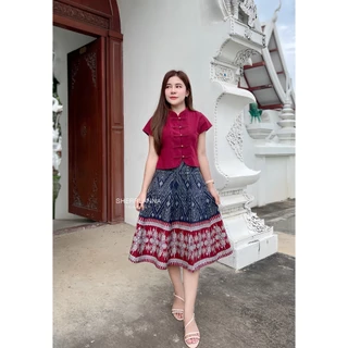ชุดเซทผ้าฝ้ายลายไทยคอจีนชายโค้ง กระโปรงทรงย้วยงาน8ชิ้น