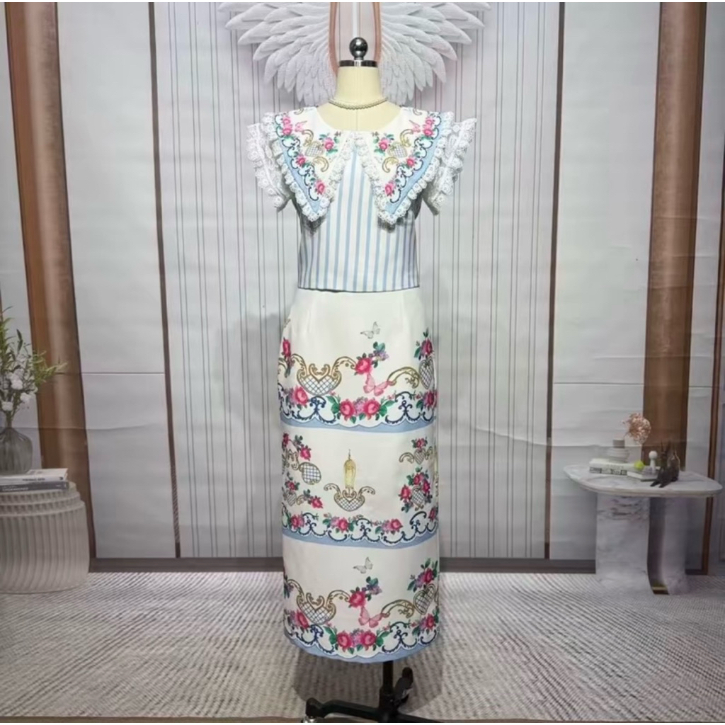 (s,m,xl,4xl) ชุดไทย ชุดไทยประยุกต์ เสื้อคอปก แขนระบาย+กระโปรง ลายวินเทจ สวยน่ารัก งานป้าย chalita