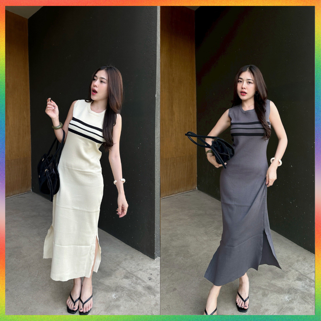 🌈MesubShop🌈เดรสแขนกุด ทรงถ่วงยาว ผ้าไหมพรม แต่งแหวกข้าง ผ้ายืดตามตัว สาวอวบใส่ได้ เรียบหรูดูแพง รุ่น น้ำพุ