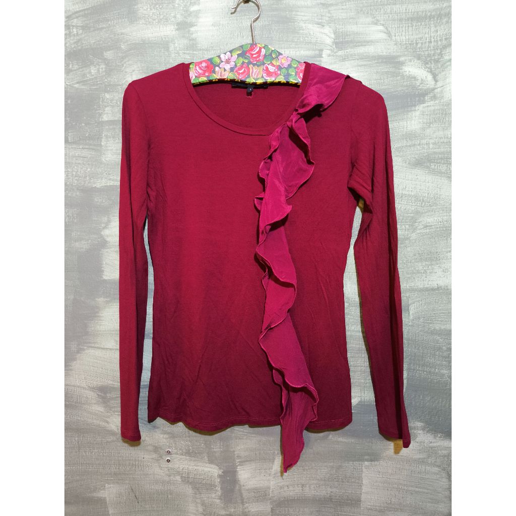 MaxMara WEEKEND Top Long Sleeve Red Burgundy Ruffle Fits Size S