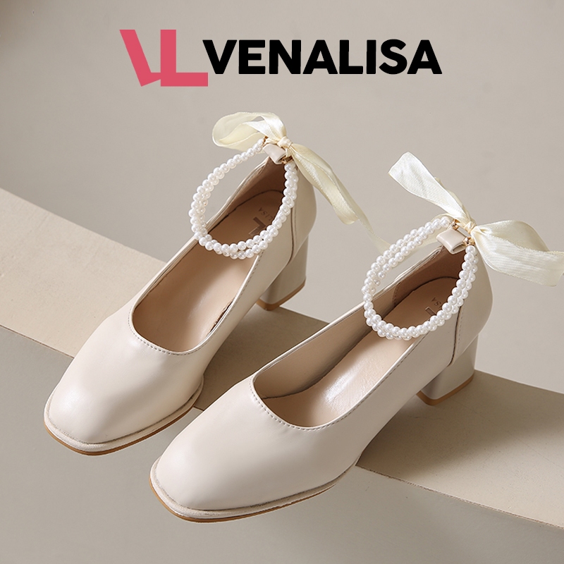 Venalisa หนังแท้ รองเท้าส้นสูงผู้หญิง 2 นิ้ว ภาษาฝรั่งเศส ย้อนยุค ไข่มุก ริบบิ้น รองเท้าแต่งงาน