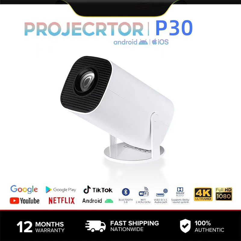 โปรเจคเตอร์ P30 Pro 4K iPhone / Android12 projector HDMI บลูทูธ WiFi6 4K โฮมเธียเตอร์ Youtube/Netfli