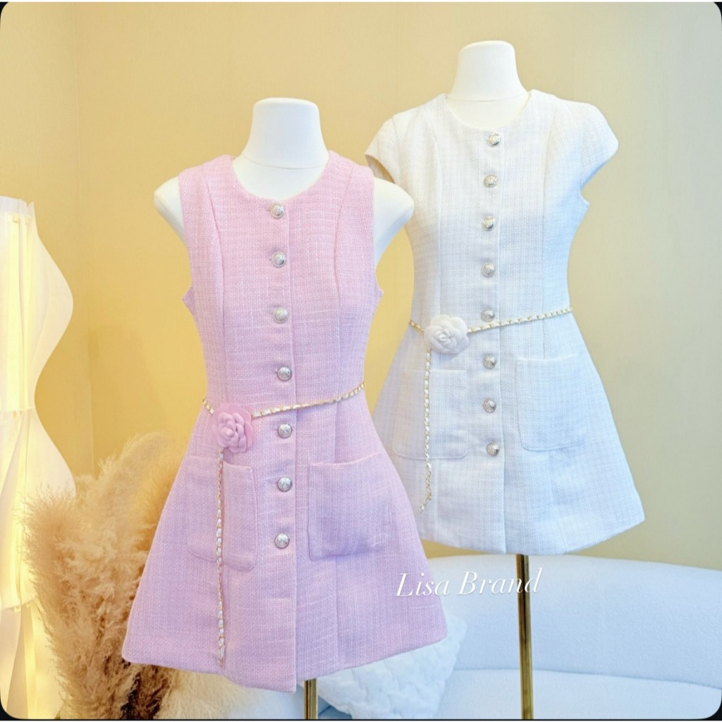 [LISA] A0906 ชุดเดรสกระโปรงคอกลมแขนกุด/มีแขนกระดุมหน้าเข็มกลัดดอกไม้สายโซ่  ใส่เที่ยว ออกงาน คาเฟ่