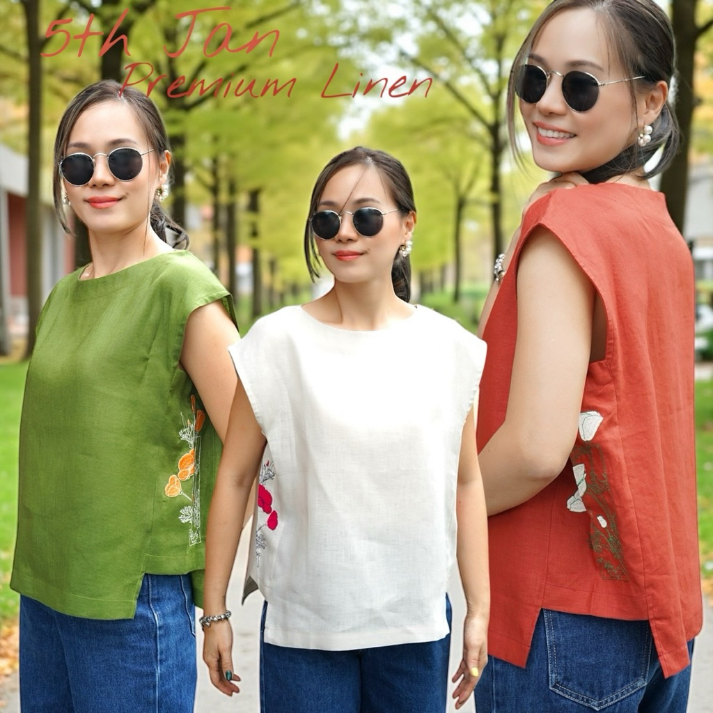 5th Jan เสื้อคอกลม แขนล้ำ สวมหัว ด้านข้างลำตัวต่อผ้าปักลายดอกไม้ น่ารัก ผ้าลินินแท้ 100% สีพื้น “อก 