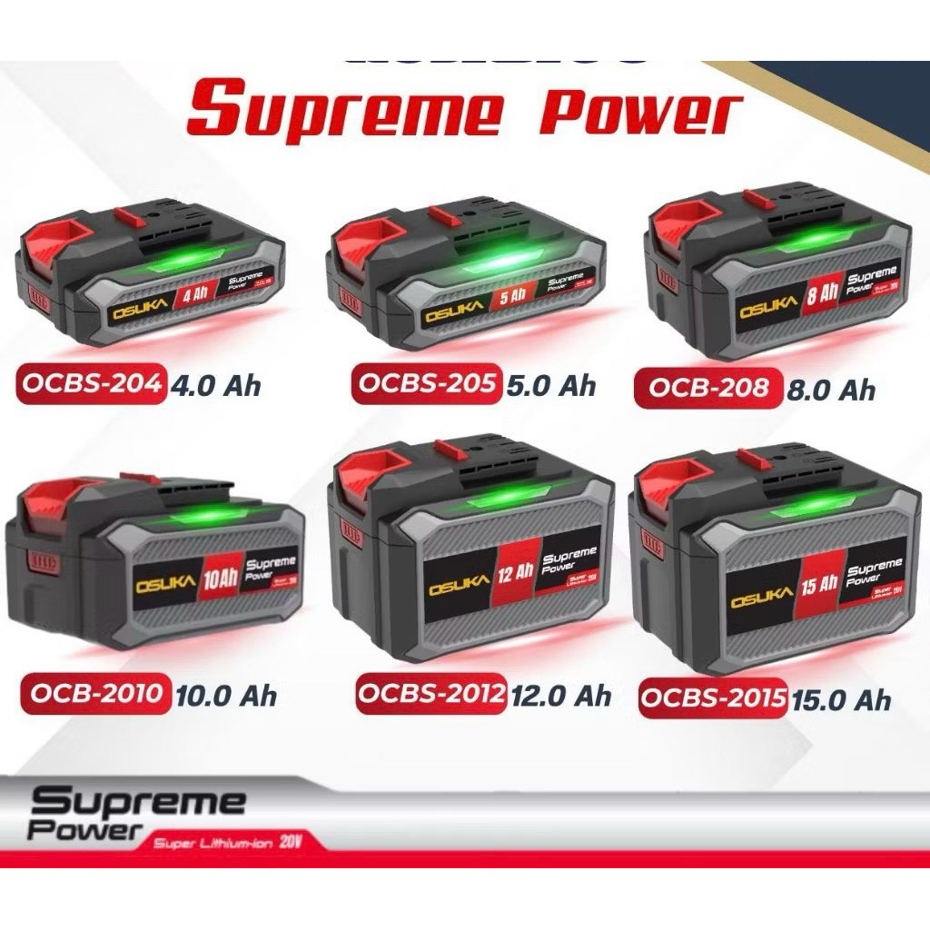 แบตเตอรี่ ลิเธียมไออน 20V. 4Ah /5Ah /8Ah /10Ah /12Ah /15Aah Supreme Power OSUKA *รุ่นใหม่* (เฉพาะแบตเตอรี่)