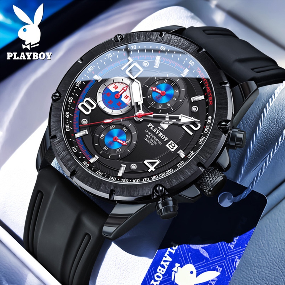 PLAYBOY ผู้ชาย นาฬิกา ควอตซ์ ยาง สายนาฬิกา อเนกประสงค์ วันที่ แสงกลางคืน กล่องของขวัญสวยงาม 3509P