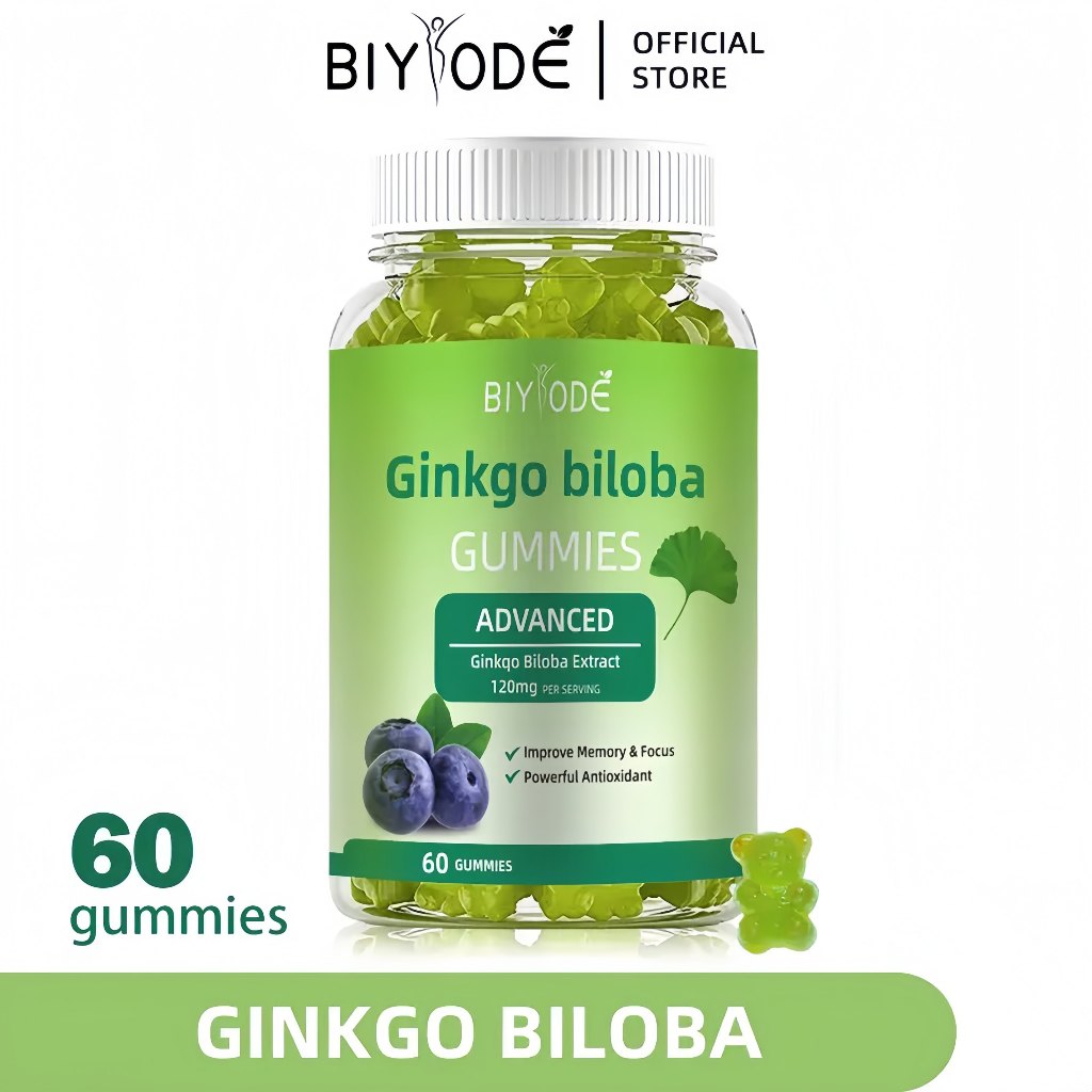 BIYODE Ginkgo Biloba Vitamin Gummies บำรุงสมองเพิ่มความจำ สกัดจากใบแปะก๊วย วิตามินบีรวม 60Pcs