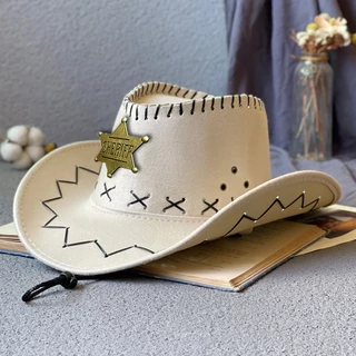 หมวกคาวบอยหนังเทียม ⭐️เข็มกลัดนายอำเภอSheriff⭐️ American Style มีเชือกคล้องคอ 05X12_Sheriff