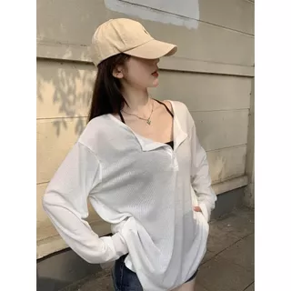 3สี เสื้อยืดทรงหลวม เสื้อยืดคอวี ทรงหลวม ออเวอร์ไซส์ กันเเดด กระดุมเเกะได้ #1502414