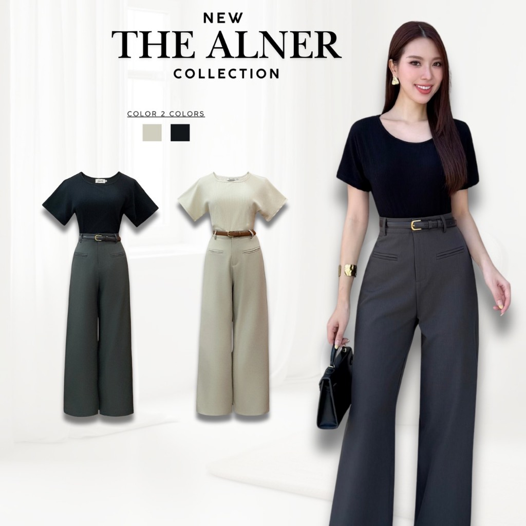 Thealner-AN545 (เซตเสื้อคอกลมแขนสั้นกางเกงขายาวแต่งกระเป๋าหน้า+เข็มขัด)