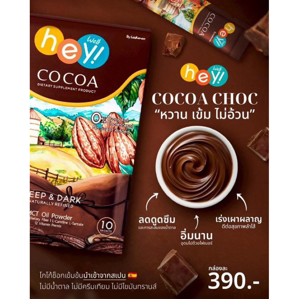 Wellveness Hey well Cocoa choc โกโก้ช็อคเพื่อสุขภาพ โกโก้แท้จากประเทศสเปน