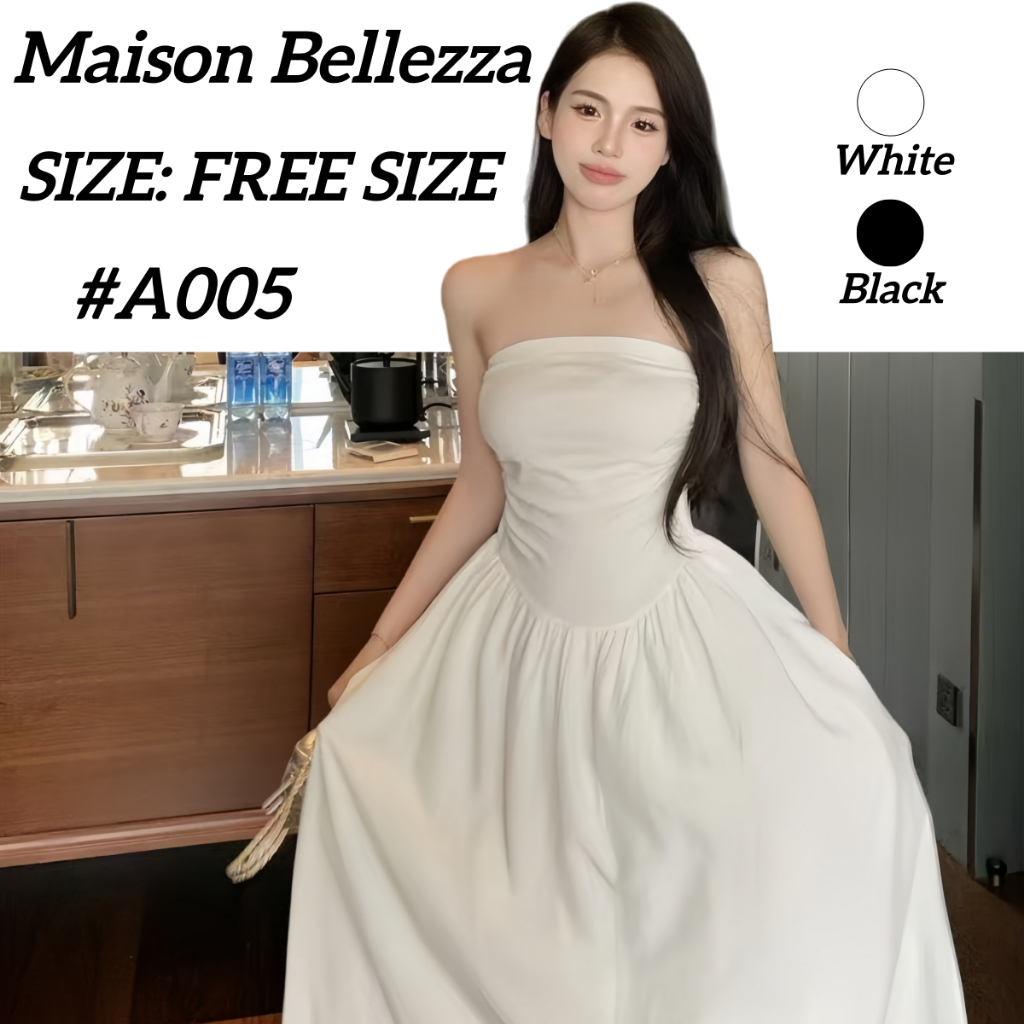 เดรสยาวเกาะอก ต่อเอวสูง  เอวยางยืด  กระโปรงทรงสุ่มปล่อย มีกระเป๋าสองข้าง Dress ออกงาน หรูหรา #A005