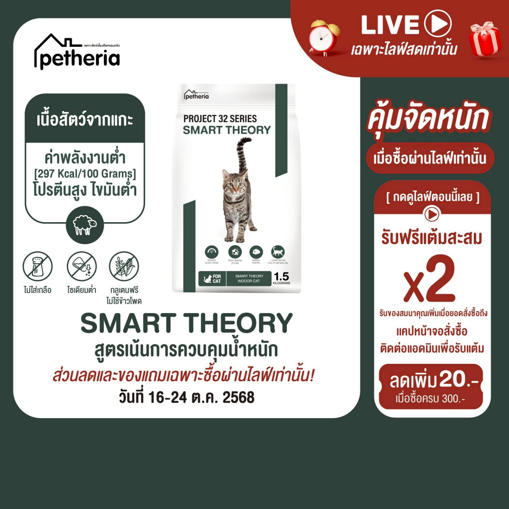 SMART THEORY อาหารแมวสูตรเน้นการควบคุมนํ้าหนัก PROJECT 32 SERIES จากเพ็ทเทอเรีย [ SMT ]