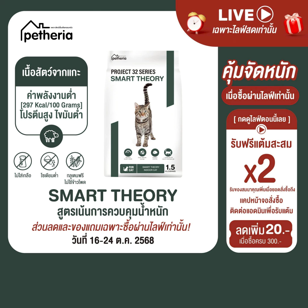 SMART THEORY อาหารแมวสูตรเน้นการควบคุมนํ้าหนัก PROJECT 32 SERIES จากเพ็ทเทอเรีย [ SMT ]