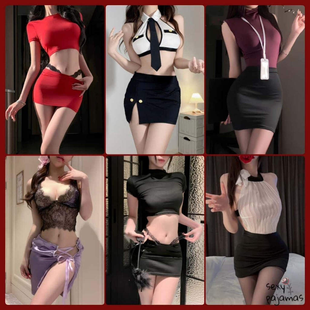 sexy pajamas🤍🩷ชุดเลขาสุดเซ็กซี่ เดรสรัดรูป กระโปรงทรงสะโพก ลูกไม้คอวี หลากหลายสไตล์ ผ้าใส่สบาย ส่งไวจากไทย