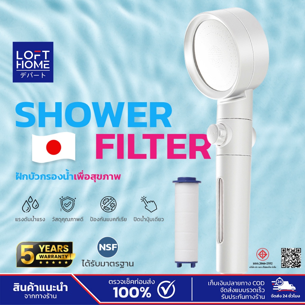 Mizushi ฝักบัวกรองน้ำ Shower Filter รูน้ำขนาด 0.3mm ขั้วมาตรฐาน ต้านแบคทีเรีย 99%