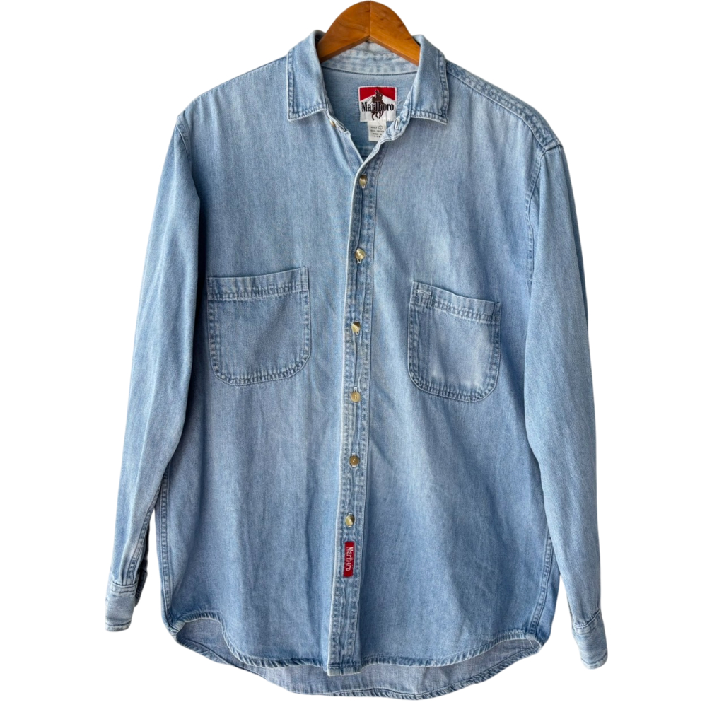 เสื้อยีนส์ Vintage Marlboro Long Sleeve Shirt Denim Blue Jean Button USA Made Men’s