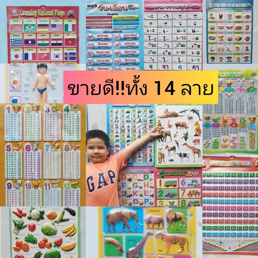 โปสเตอร์ ก ไก่ abc  สูตรคูณ พลาสติกนูน 3D ไม่มีเสียง