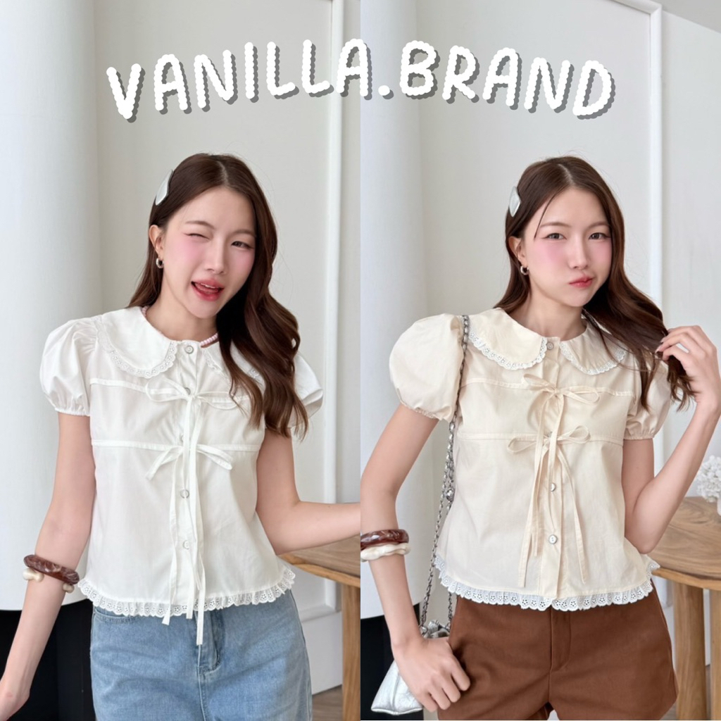 เสื้อแขนพองคอบัว แต่งกุ้นโบว์สองชั้น -ttm / VB0415