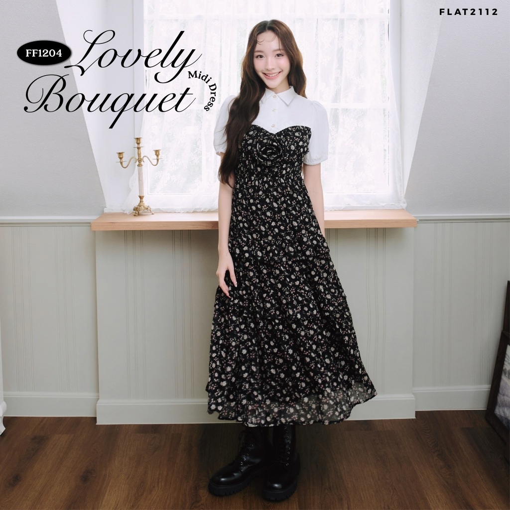 FLAT2112 : LOVELY BOUQUET MIDI DRESS เดรสยาวสุดปังเดรสยาวสุดคลาสสิก ผ้านุ่มใส่สบาย เดรสออกงาน (FF1204)