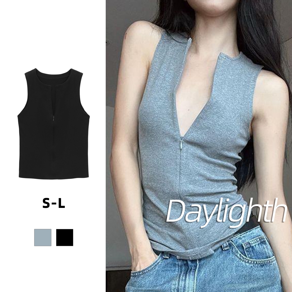 สาวร้อนรอบคอซิปเสื้อกั๊กแฟชั่นสลิมฟิตเสื้อชั้นในสตรีแขนกุดสีทึบTop DL
