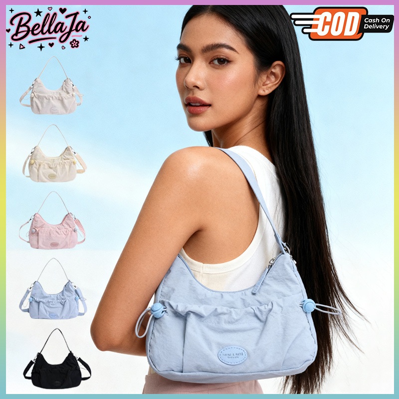 Bellaja จัดส่งในพื้นที่ กระเป๋าเกาหลี ปรับระดับได้ ผ้าไนล่อน ทรงคลัทช์ แต่งจับจีบ กระเป๋าสะพายข้างทรงจีบใบเล็ก น้ำหนักเบ