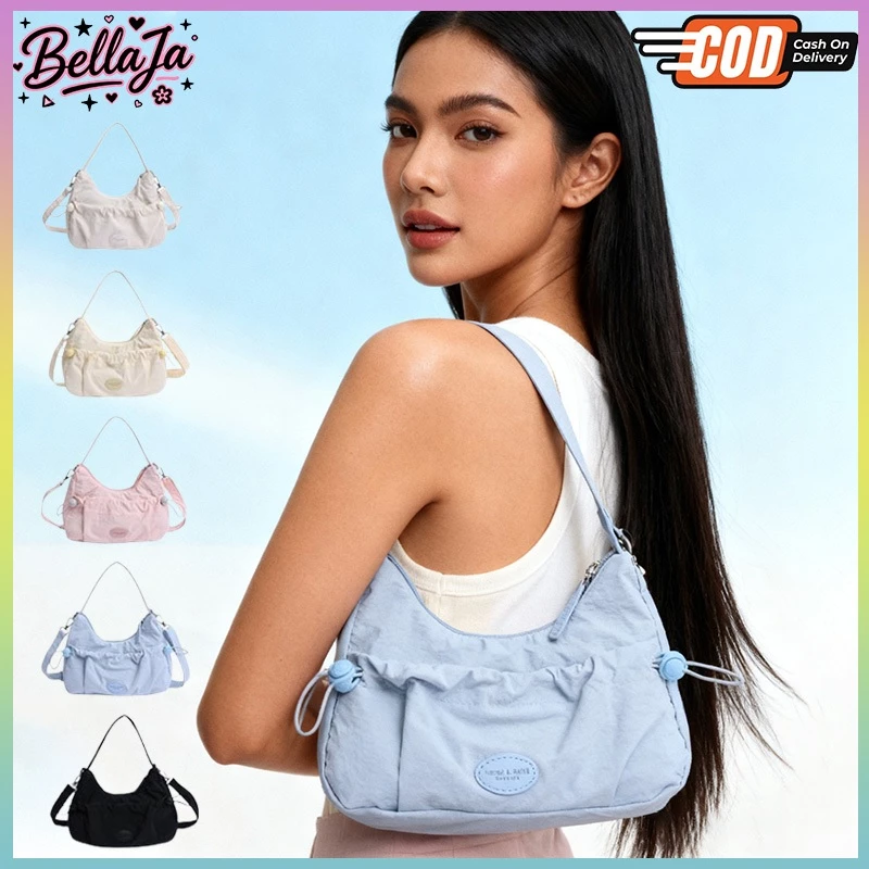 Bellaja💗จัดส่งในพื้นที่ กระเป๋าเกาหลี ปรับระดับได้ ผ้าไนล่อน ทรงคลัทช์ แต่งจับจีบ กระเป๋าสะพายข้างทรงจีบใบเล็ก น้ำหนักเบ
