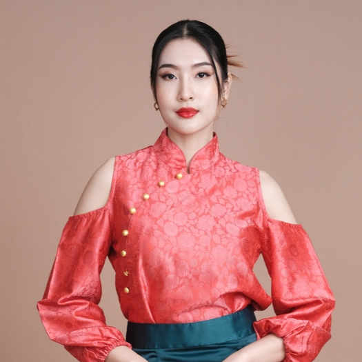 (JUN) CNY Qipao Shirt เสื้อกี่เพ้าคอจีน เปิดไหล่ สีแดงสด