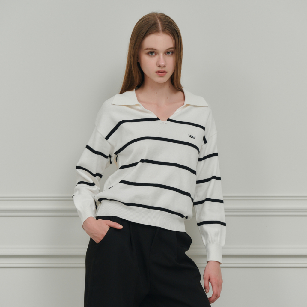 Withit long sleeve knit เสื้อไหมพรมลายทางคอปก - TPW09670