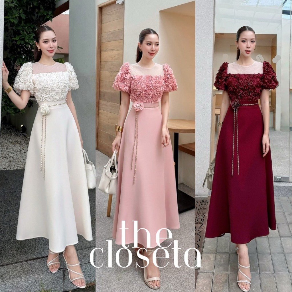 THE CLOSETA : (พร้อมส่ง) LB572 ชุดเดรสแขนตุ๊กตาดอกกุหลาบ3D กระโปรงทรงเจ้าหญิง พร้อมเข็มขัดดอกไม้