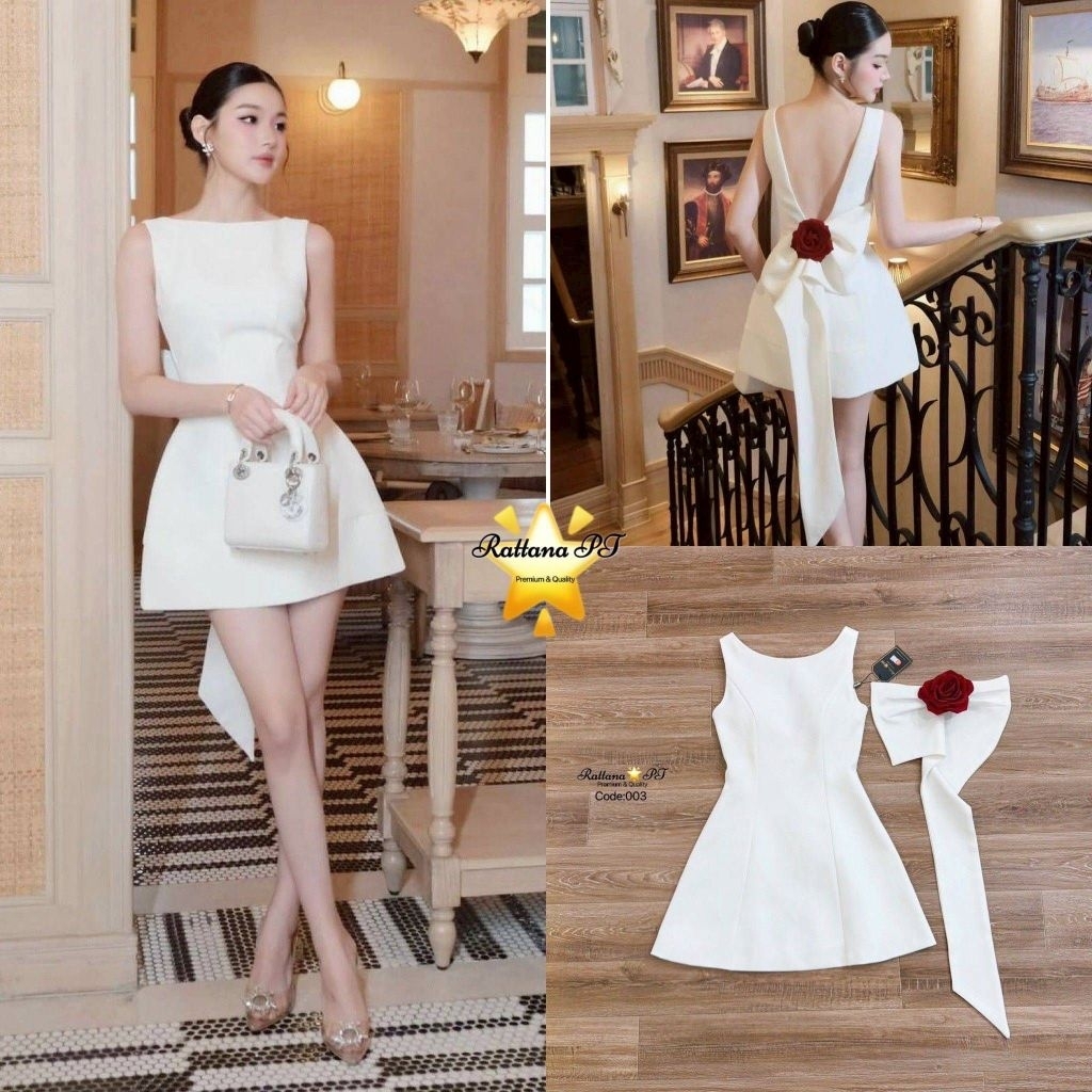 Rattana / Milyn เดรสขาวสุดหรู ดีไซน์เว้าหลัง ✨ ตกแต่งโบว์ใหญ่ด้านหลัง พร้อมดอกกุหลาบสีแดงไวน์