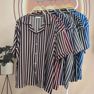 Goodly. เสื้อเชิ๊ตลายริ้ว แขนสั้น ไซส์ใหญ่56“/62”