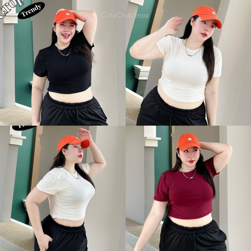 เสื้อครอปคอกลมแขนสั้น สาวอวบ อก40-50นิ้ว ผ้ายืดเด้ง ใส่สบายมาก เสื้อยืดสาวอวบ