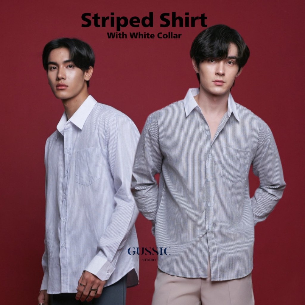 GUSSIC SHIRT เสื้อเชิ๊ตลายริ้ว ปกขาว สำหรับผู้ชาย Luxury Style