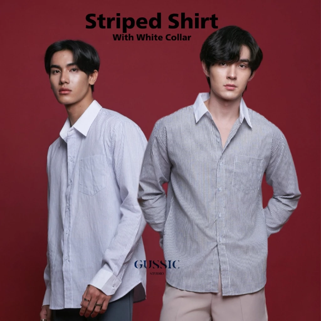 GUSSIC SHIRT เสื้อเชิ๊ตลายริ้ว ปกขาว สำหรับผู้ชาย Luxury Style