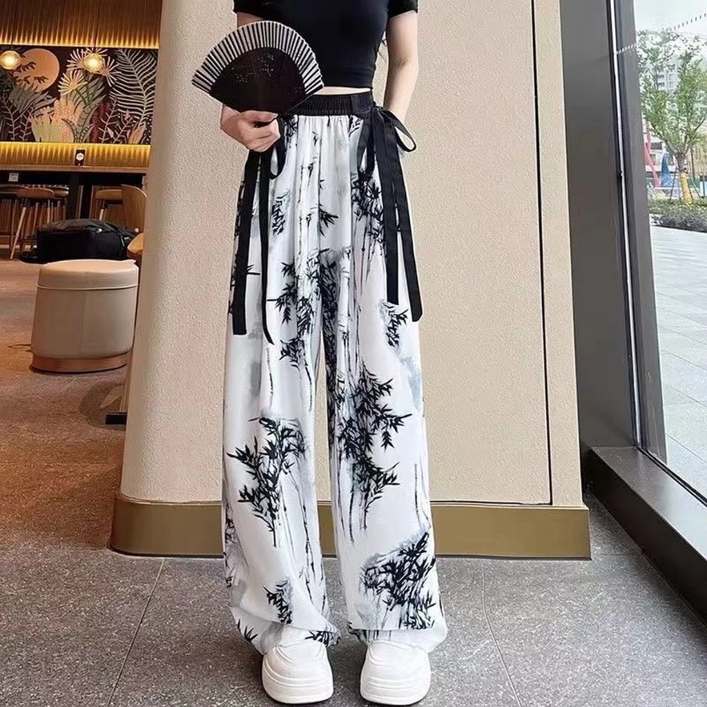 กางเกงขาบานสไตล์จีนลายพู่กันจีนสีดำขาวโบว์ผูกริบบิ้นWomen pants เกงเอวสูง หลวม กางเกงยาวกางเกงขายาว กางเกงสบายๆ