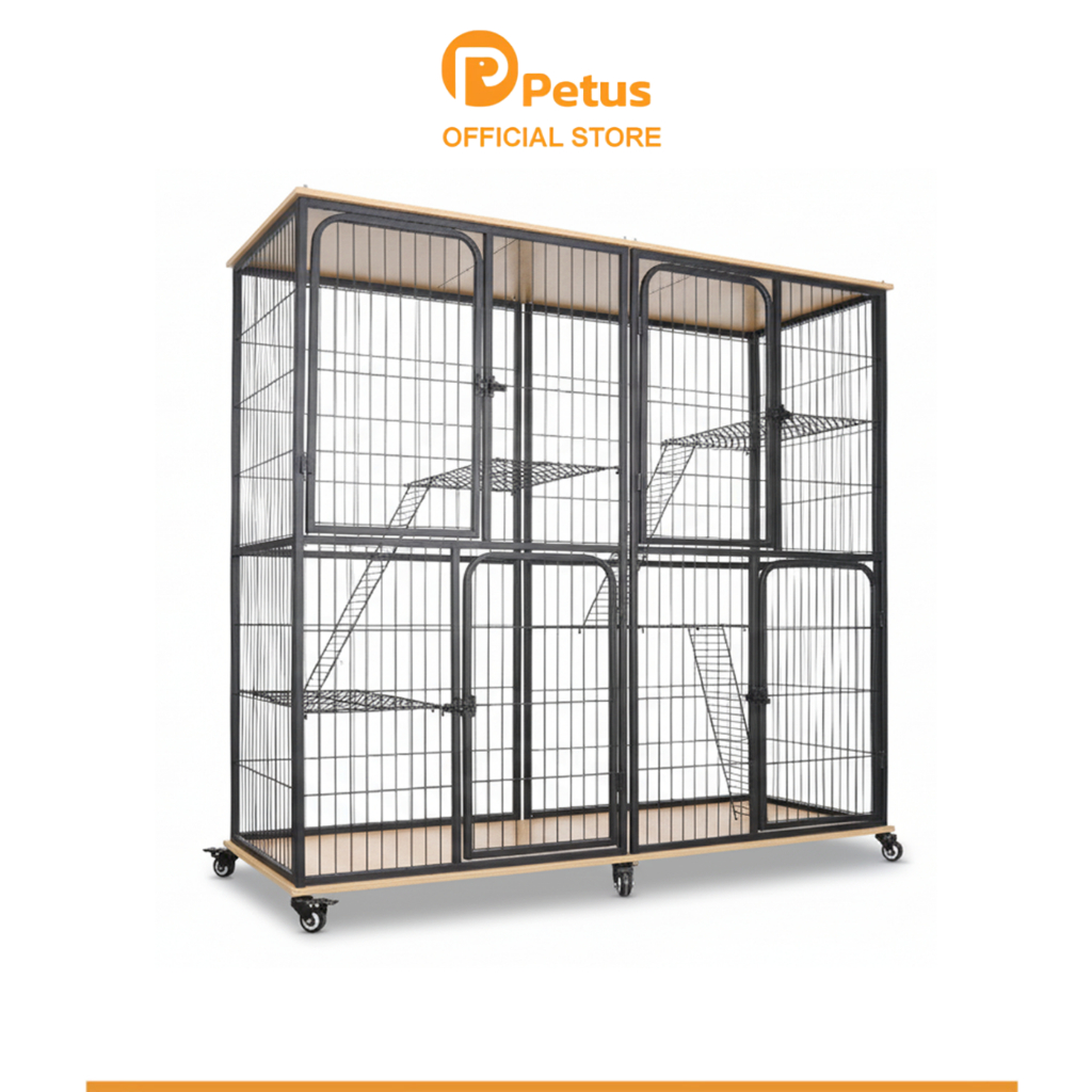 Petus กรงแมว กรงแมวพื้นไม้ Cat Villa กรงแมวมีล้อ เคลื่อนย้ายสะดวก มี 2 ขนาดให้เลือก
