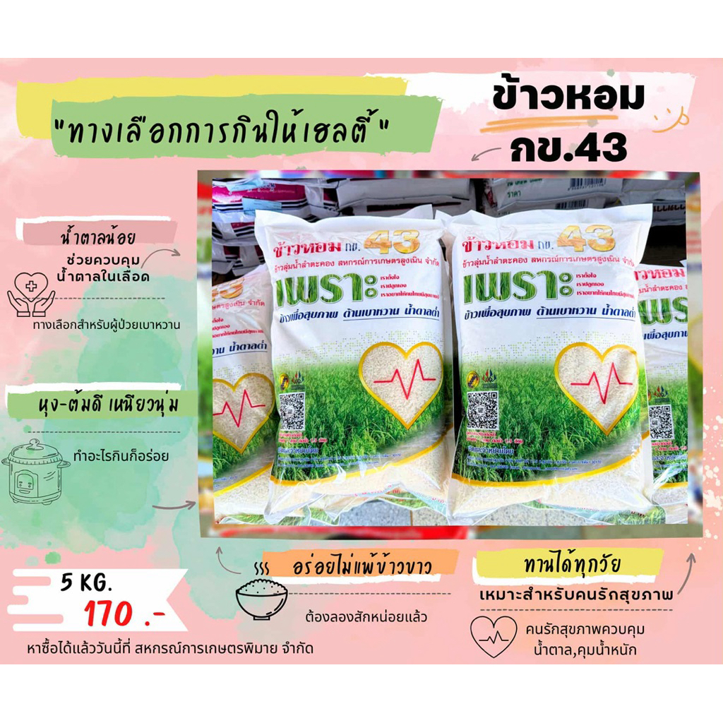 ข้าวสาร กข 43 หอมนุ่ม หุงขึ้นหม้อ ข้าวลุ่มน้ำลำตะคองสูงเนิน