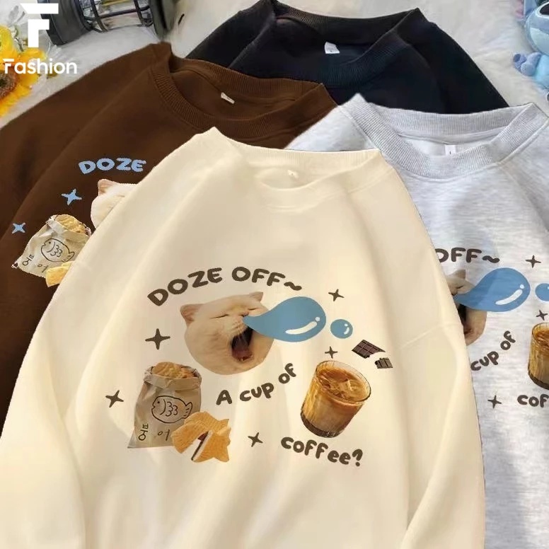 เสื้อกันหนาว แขนยาว คอกลม ทรงหลวม พิมพ์ลายแมวแฮมเบิร์กน่ารัก ขนาดใหญ่ สไตล์เกาหลี สําหรับผู้หญิง