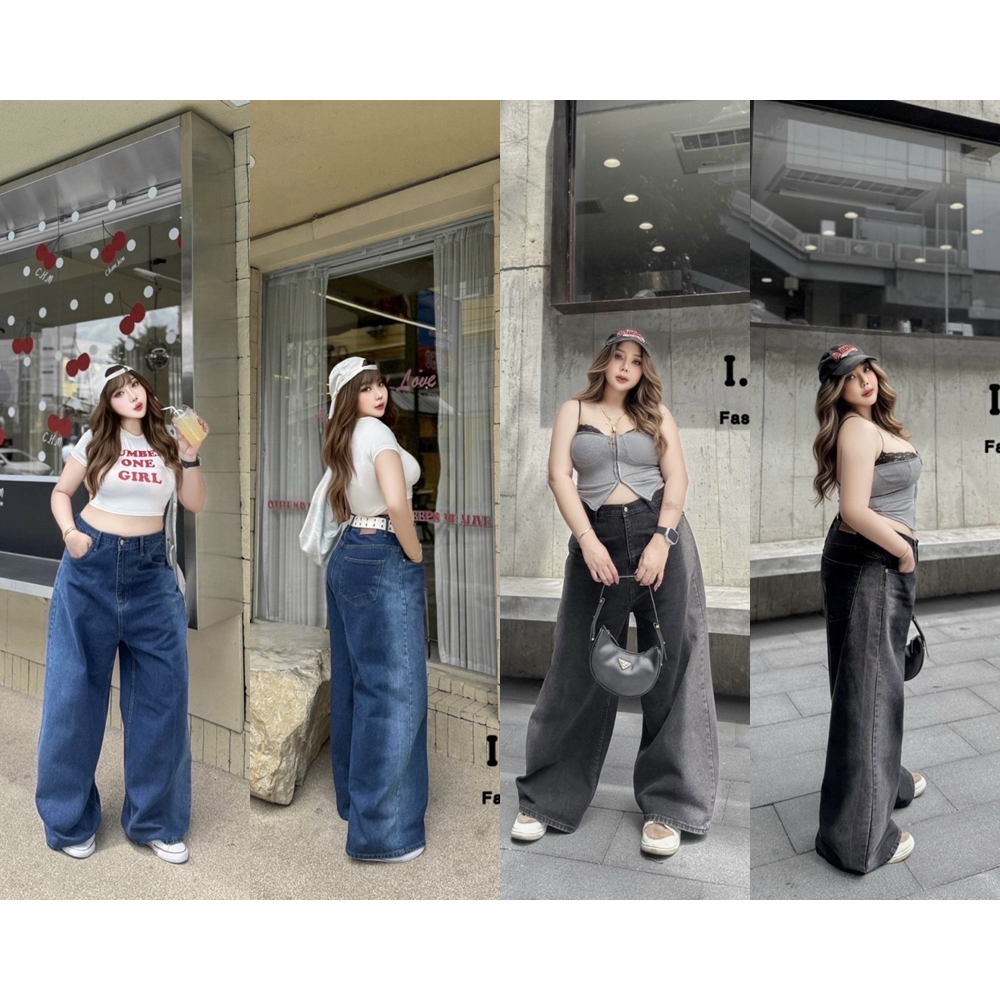 I.CURV JEANS กางเกง Baggy jeans งานแต่งสีเฟดด้านข้างสวยมาก ขากระบอก ทรงสวย สุดฮิต พลัสไซส์ สาวอวบอ้ว