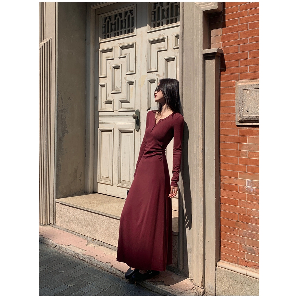 cherryshop พร้อมส่ง ชุดเดรสยาวติดกระดุมแขนยาวแฟชั่นฝรั่งเศสใหม่สำหรับผู้หญิง สีพื้น ผ้ายืดใส่สบาย สไตล์สลิมฟิต อ่อนโยน - รูปที่ 6