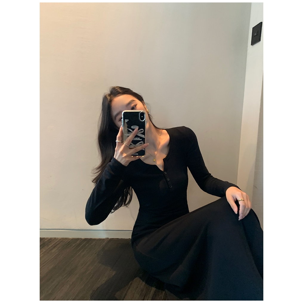 cherryshop พร้อมส่ง ชุดเดรสยาวติดกระดุมแขนยาวแฟชั่นฝรั่งเศสใหม่สำหรับผู้หญิง สีพื้น ผ้ายืดใส่สบาย สไตล์สลิมฟิต อ่อนโยน - รูปที่ 3